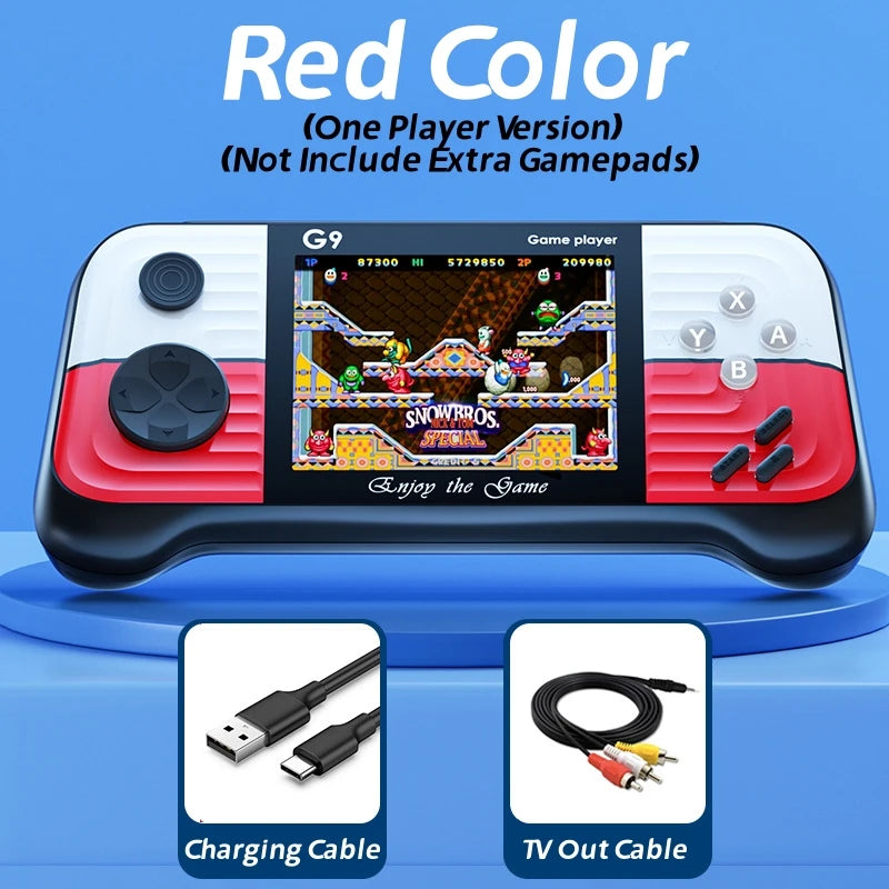Handheld game console with screen displaying a game, charging cable, and TV out cable on a blue background.